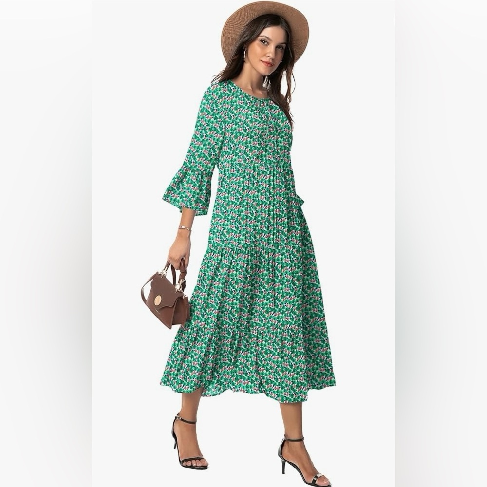 New Women’s VIISHOW 3/4 Sleeve Green Flower Tiered Midi Dress XL
